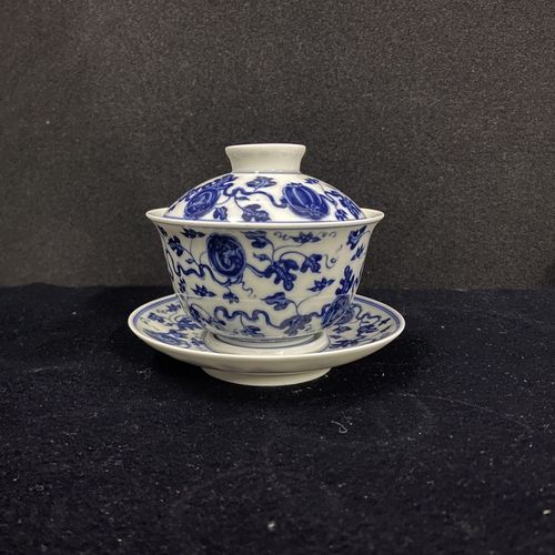 景德镇陶瓷老厂货手绘青花西瓜南瓜中式三才盖碗套装功夫茶具茶杯